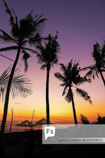 Silhouetted palms at sunset Seseh Beach Bali Indonesia.