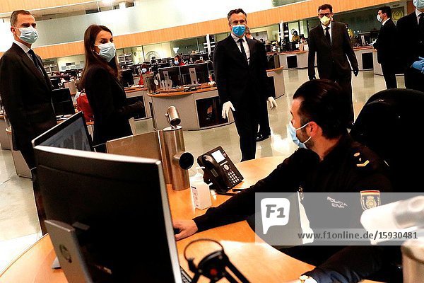 King Felipe VI of Spain Queen Letizia of Spain visit 112 facilities on April 27 2020 in Madrid Spain