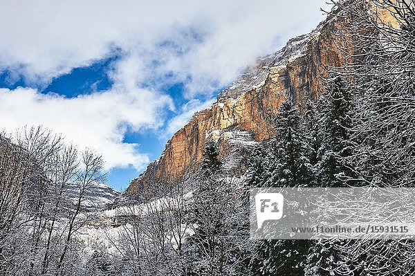 Pyrenees: Snowy alpine landscape in the National park of Ordesa and Monte Perdido (Huesca province Aragon region Spain)