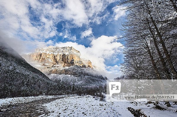 Pyrenees: Arazas river along snowy alpine landscape in the National park of Ordesa and Monte Perdido (Huesca province Aragon region Spain)