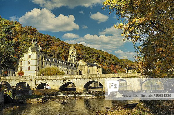 The Angled Bridge Pont Coude and Benedictine Abbey of Brantome Brantome Dordogne Department Aquitaine Franc.