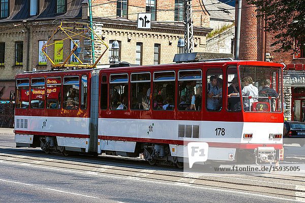 Busy city trams at intersection. Tallinn Estonia.
