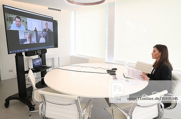 Queen Letizia of Spain attends a videoconference with State Representative Platform of People with Physical Disabilities (PREDIF) and National Federation (ASPAYM) at Zarzuela Palace on May 4 2020 in Madrid Spain