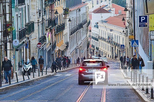 View down Calcada do Combro Bairro Alto neighbourhood Lisbon Portugal.