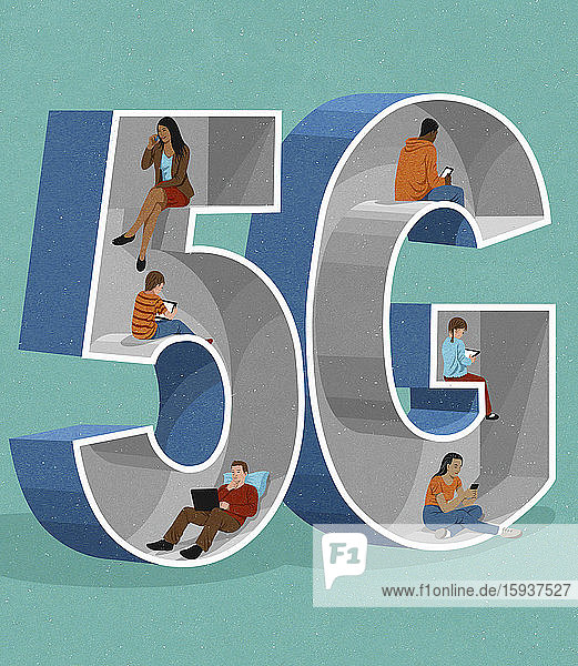 Menschen  die die 5G-Technologie auf verschiedenen digitalen Geräten nutzen