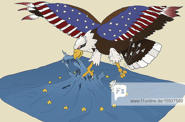 Adler der Vereinigten Staaten greift die Flagge der Europäischen Union an