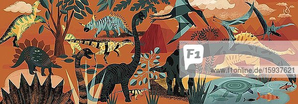 Viele verschiedene Dinosaurier in prähistorischer Landschaft