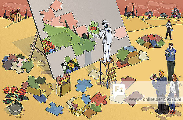 Menschen bewundern einen Roboter der ein Puzzle löst