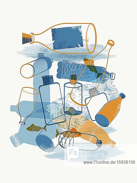 Fische schwimmen zwischen viel Plastikmüll