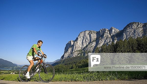 Radfahrer auf Radtour mit Mountainbike  hinten Drachenwand  Mondsee  Salzkammergut  Oberösterreich  Österreich  Europa