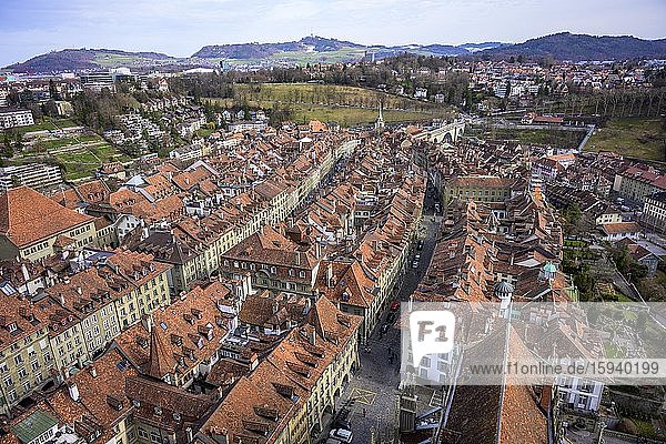 Blick vom Berner Münster auf die roten Ziegeldächer der Häuser im historischen Stadtkern der Altstadt  Stadtansicht mit Umland  Innere Stadt  Bern  Schweiz  Europa