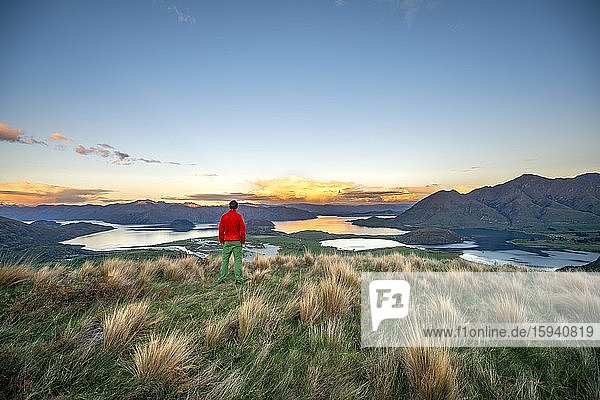 Walker looks out over Wanaka Lake and mountains at sunset  Rocky Peak  Glendhu Bay  Otago  South Island