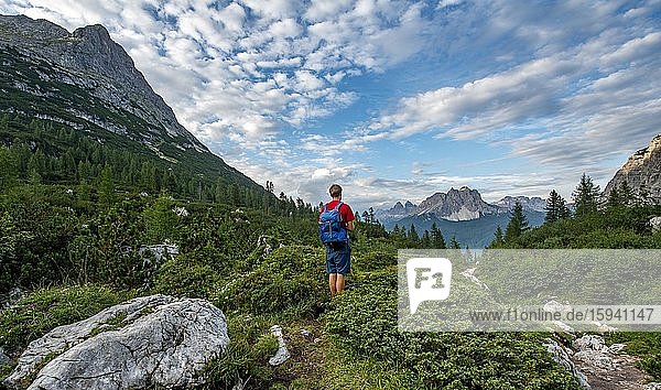 Hikers on a hiking trail  hiking trail to Lago di Sorapis  in the back mountain group Cadin peaks  Cima Cadin  Dolomites  Belluno  Italy  Europe