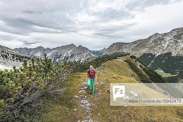 Wanderin  Bergsteigerin an der Nördlichen Ödkarscharte  Aufstieg zu den Ödkarspitzen über den Brendelsteig  Hinterautal-Vomper-Kette  Karwendel  Tirol  Österreich  Europa