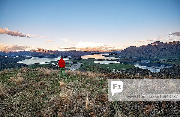 Walker looks out over Wanaka Lake and mountains at sunset  Rocky Peak  Glendhu Bay  Otago  South Island