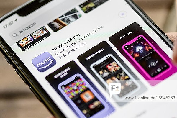 Amazon Music App im Apple App Store  Musik Streaming  App-Icon  iPhone  iOS  Smartphone  Display  Nahaufnahme