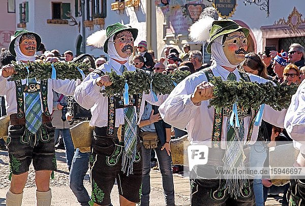 Bell stirrer in the Maschkera procession at carnival  Mittenwald  Werdenfelser Land  Upper Bavaria  Bavaria  Germany  Europe