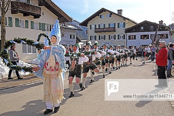 Bell stirrer in the Maschkera procession at carnival  Mittenwald  Werdenfelser Land  Upper Bavaria  Bavaria  Germany  Europe