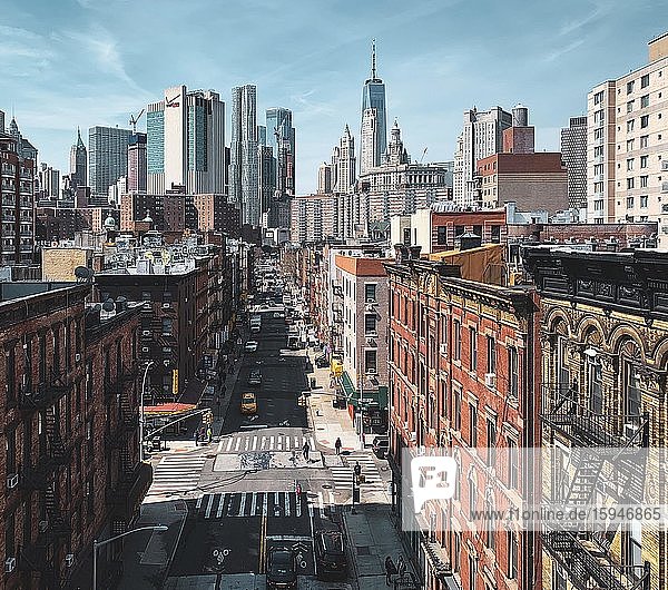 Madison Street from above with skyline in the background  Two Bridges  Manhattan  New York City  USA  North America