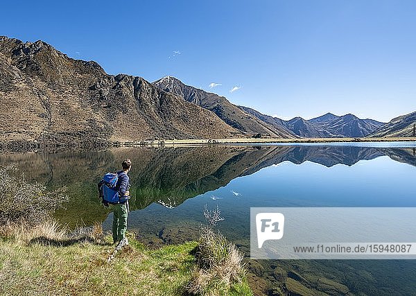 Hiker standing at a lake  mountains reflected in the lake  Moke Lake near Queenstown  Otago  South Island  New Zealand  Oceania