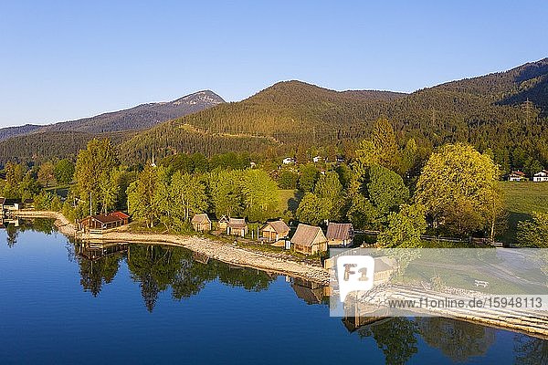 Viking village Flake at Lake Walchensee in the morning light  drone photograph  Upper Bavaria  Bavaria  Germany  Europe