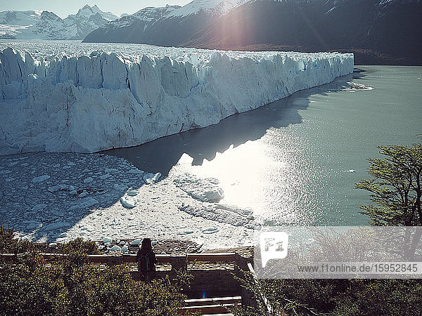 Frau bewundert den Gletscher Perito Moreno  Perito Moreno  Argentinien