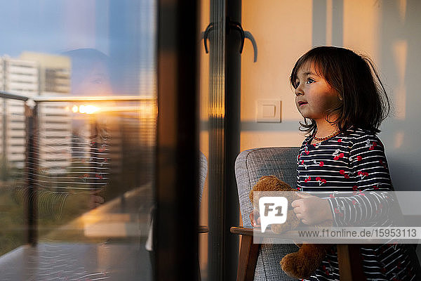 Portrait of little girl with teddy bear looking out of window at sunset