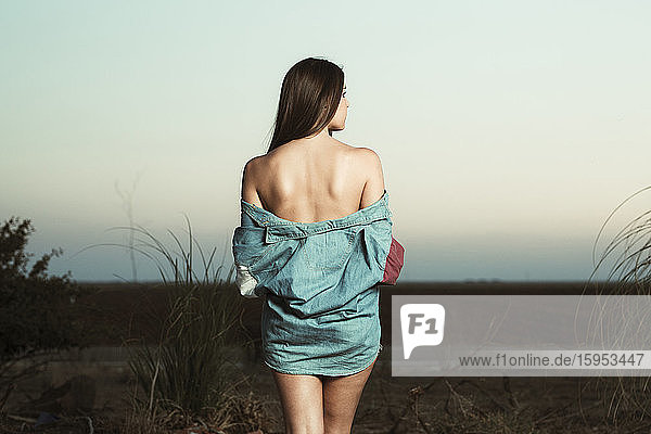 Rear view of young sensual fashion model standing on field during sunset