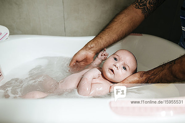 Baby girl bathing  holding by father's hands