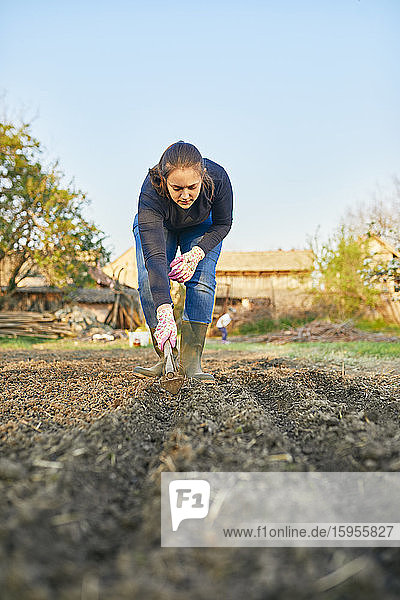 Oberflächenniveau einer Frau  die während der Gartenarbeit am Wochenende mit dem Handpflug den Boden pflügt