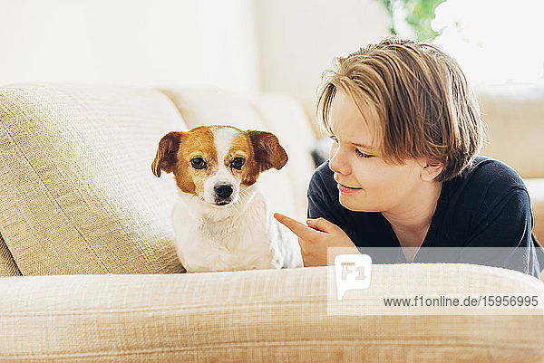 Junge mit Hund liegt zu Hause auf der Couch im Wohnzimmer
