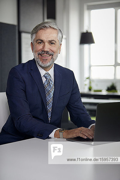 Porträt eines lächelnden reifen Geschäftsmannes  der im Büro einen Laptop benutzt