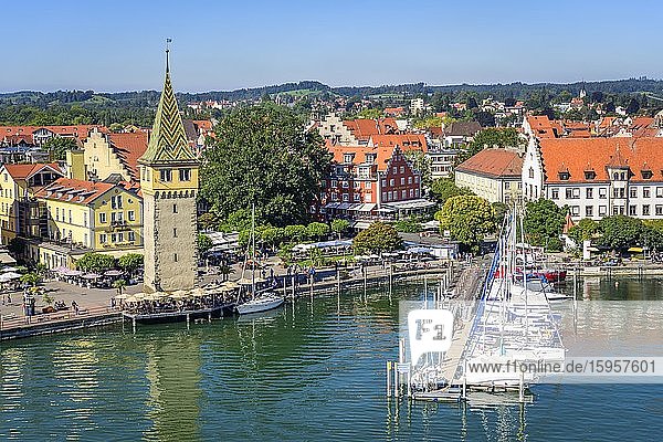 Sea promenade  harbour square  old lighthouse  Mangturm or Mangenturm  in the harbour  Lake Constance  Lindau island  Lindau am Lake Constance  Swabia  Germany  Europe