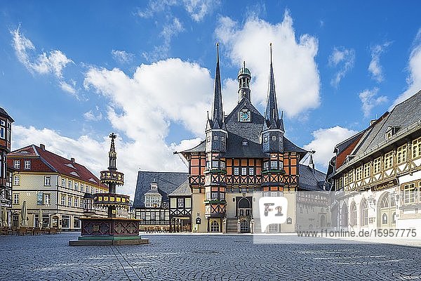 Marktplatz  Marktbrunnen und historisches Rathaus  Wernigerode  Harz  Sachsen-Anhalt  Deutschland  Europa