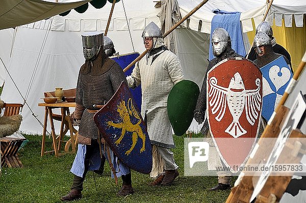 Knight with helmets and shields  tournament place  historical city festival  Gelnhausen  Main-Kinzig-Kreis  Hesse  Germany  Europe
