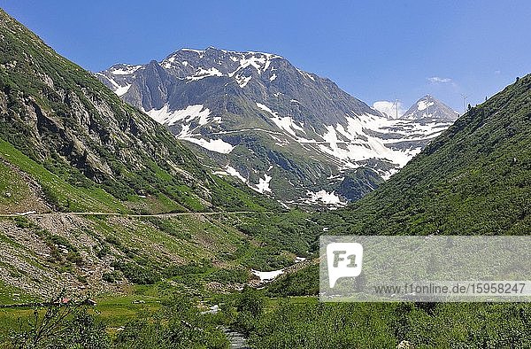 Pass road to Nufenen Pass  Ulrichen  Lepontine Alps  Canton Valais  Switzerland  Europe