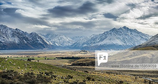 Mt Sunday (Edoras- Lord of the Rings location)  in the back snow-covered mountains. Rangitata River Valley  Ashburton Lakes  Ashburton  Canterbury  New Zealand  Oceania