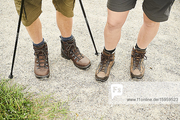 Low section of two hikers in walking boots and shorts  one with hiking poles.