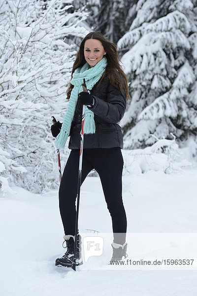 Young woman in snow  Upper Palatinate  Germany  Europe