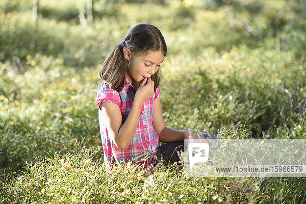 Mädchen isst Beeren in einem Kiefernwald