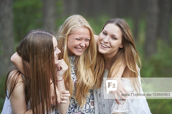 Three female cousins having fun  Bavaria  Germany  Europe