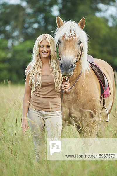 Young woman with horse  Bavaria  Germany  Europe