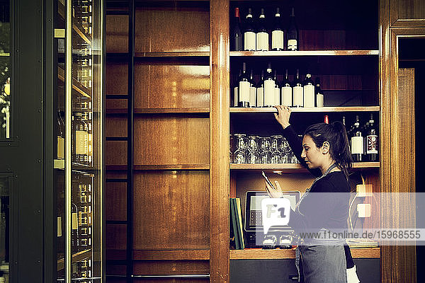 Seitenansicht des weiblichen Eigentümers  der die Liste der Weinflaschen im Telefon überprüft  während er im Cafe steht