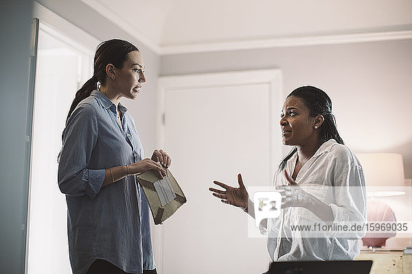 Female entrepreneur discussing with colleague in living room at home office