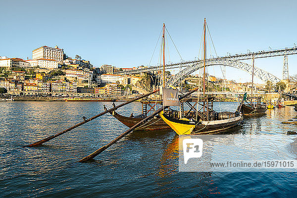 Boats of the Port Bodegas on the Douro River looking towards the Ribeira district of Porto  Portugal  Europe