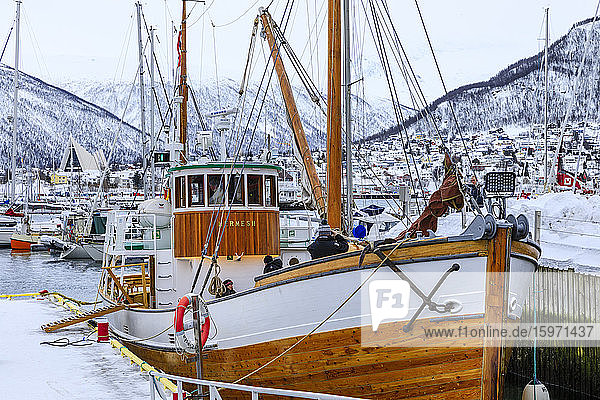 Kleiner Bootshafen  Fjord  Arktische Kathedrale  Tiefschnee im Winter  Tromso  Troms og Finnmark  Polarkreis  Nordnorwegen  Skandinavien  Europa