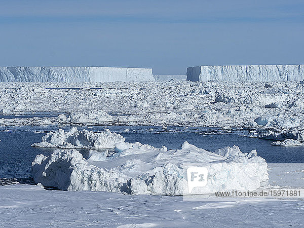 Meereis  tafelförmige Eisberge und Blatteis in Erebus und Terrorgolf  Weddellmeer  Antarktis  Polarregionen