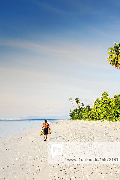 Ein Einheimischer trägt rohe Kokosnüsse an einem unberührten Strand entlang  Insel Manawoka  Maluku  Gewürzinseln  Indonesien  Südostasien  Asien