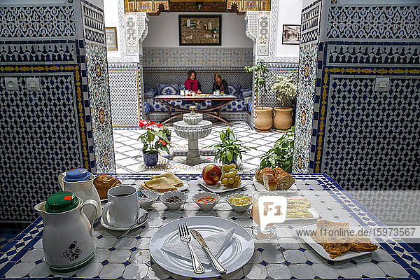 Breakfast in a riad in Fes medina (old city)  Fez  Morocco  North Africa  Africa