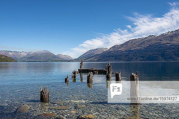 Decayed jetty  old wooden posts in Lake Wakatipu  near Glenorchy  Otago  South Island  New Zealand  Oceania